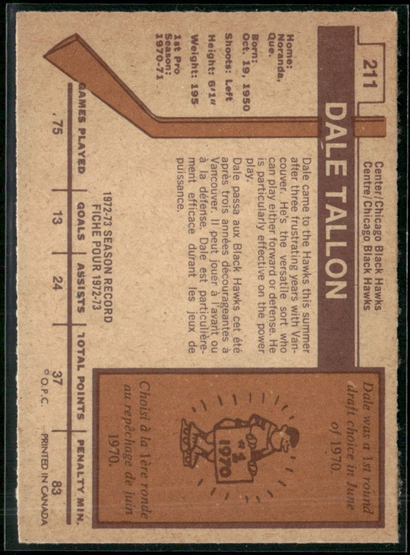 Dale Tallon 1973 O-Pee-Chee #211 Chicago Blackhawks