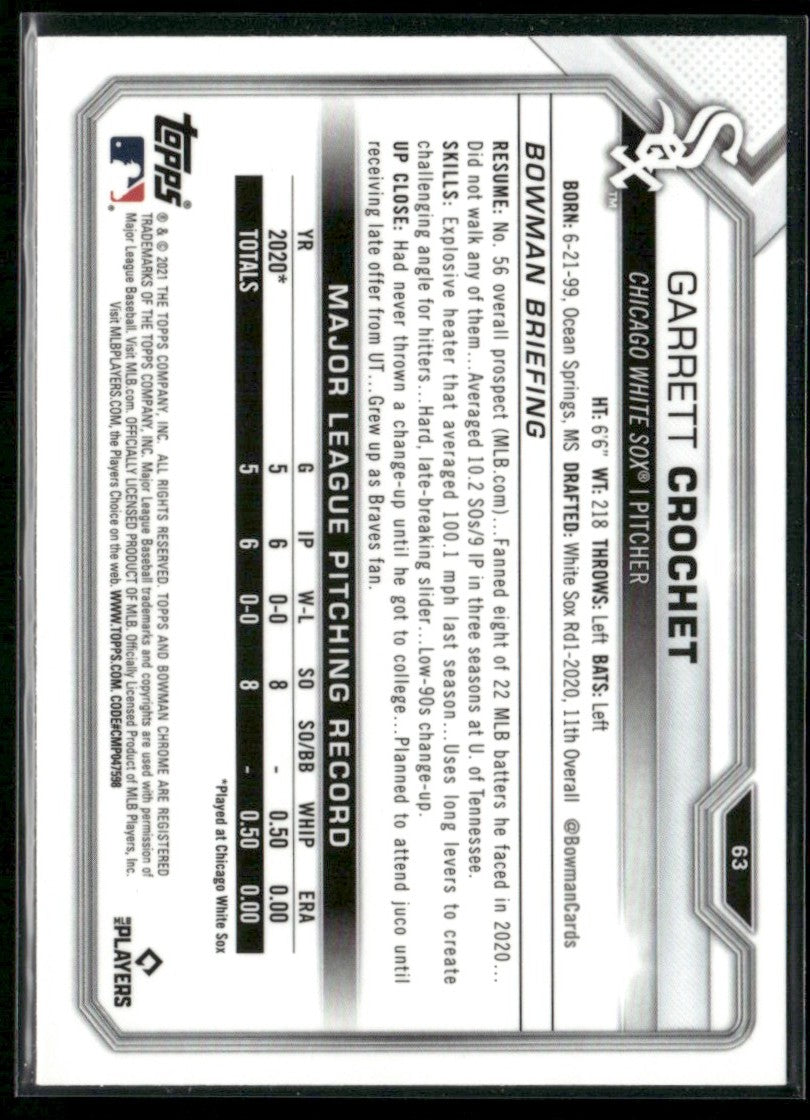 Garrett Crochet 2021 Bowman Chrome RC #63 Chicago White Sox