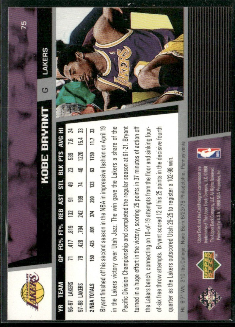 Kobe Bryant 1998 Upper Deck Game Dated #75 Los Angeles Lakers