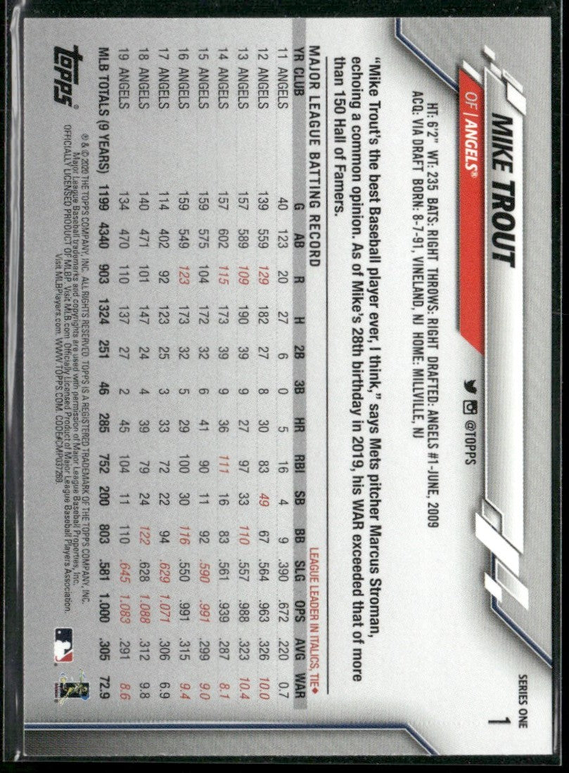 Mike Trout 2020 Topps Rainbow Foil #1 Los Angeles Angels