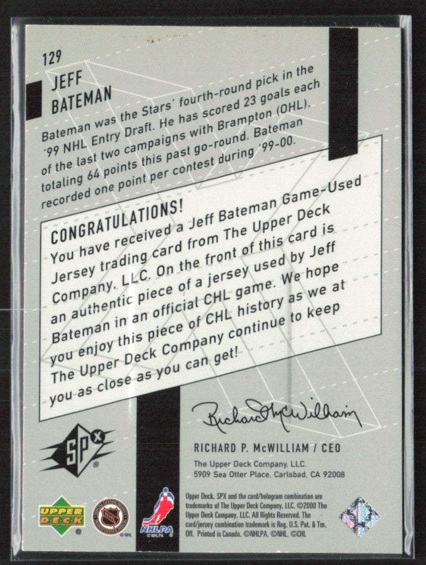 Jeff Bateman 2000 SPx RC Jersey #129 Brampton Steelheads