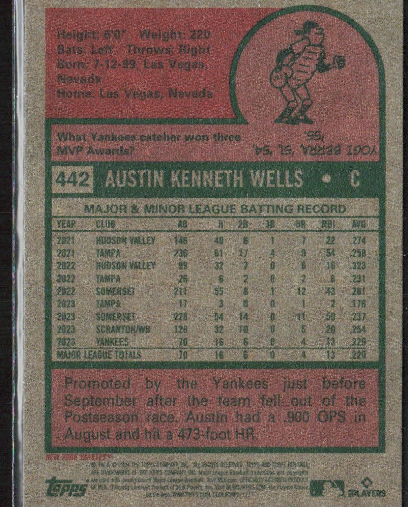 Austin Wells 2024 Topps Heritage RC #442 New York Yankees