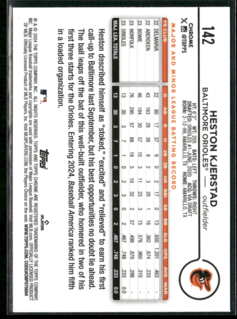 Heston Kjerstad 2024 Topps Chrome RC #142 Baltimore Orioles
