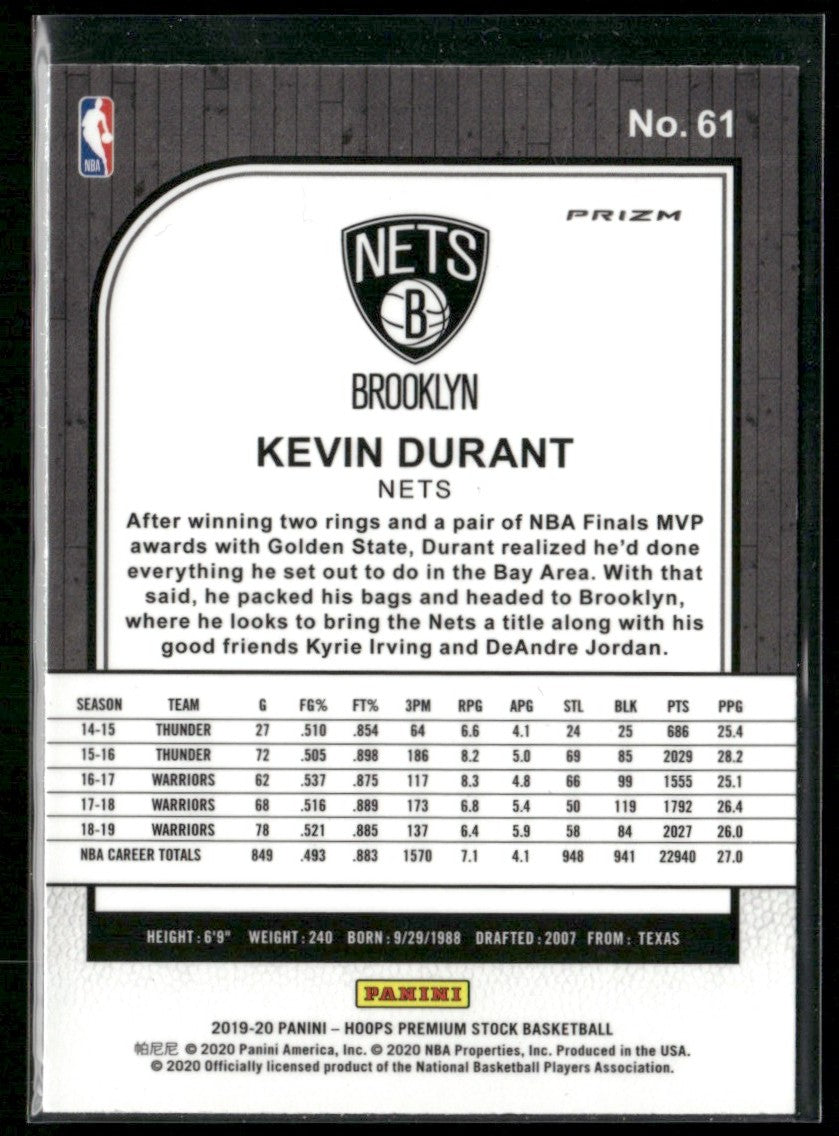 Kevin Durant 2019 Hoops Premium Stock Flash Prizm #61 Brooklyn Nets
