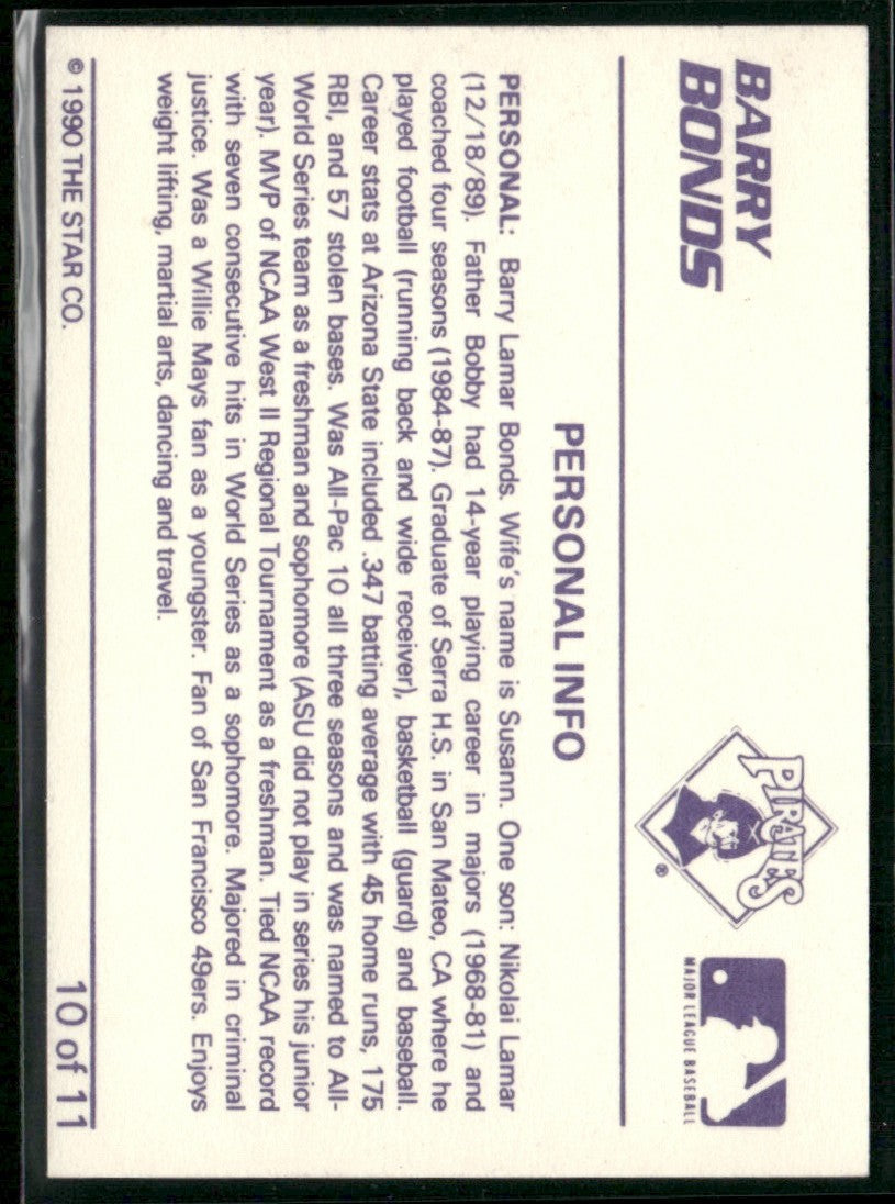 Barry Bonds 1990 Star Bonds Personal Info #10 Pittsburgh Pirates