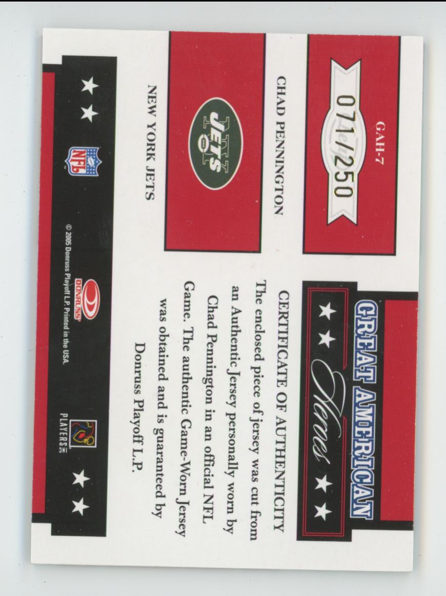 Chad Pennington 2005 Leaf Rookies & Stars Great American Heroes /250 Jersey