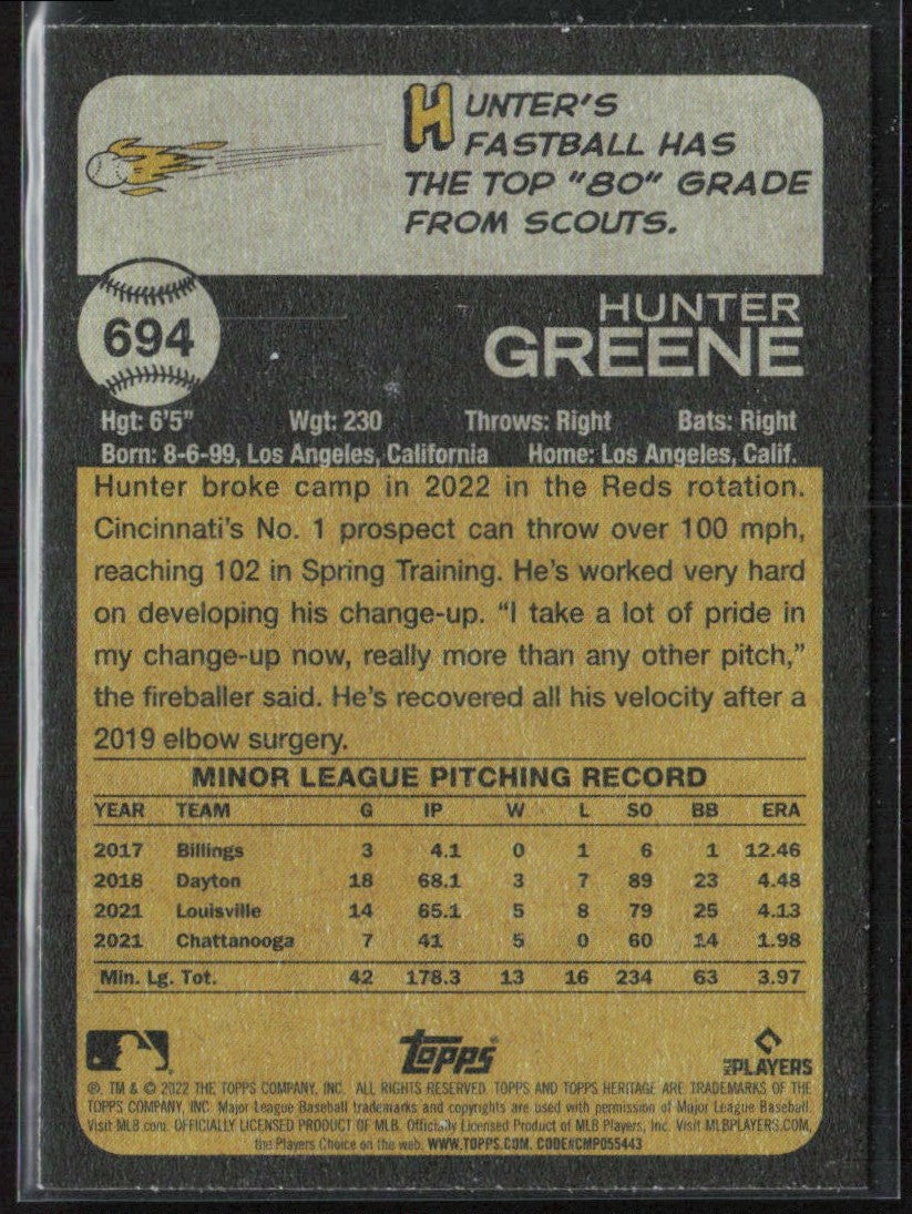 Hunter Greene 2022 Topps Heritage RC #694 Cincinnati Reds