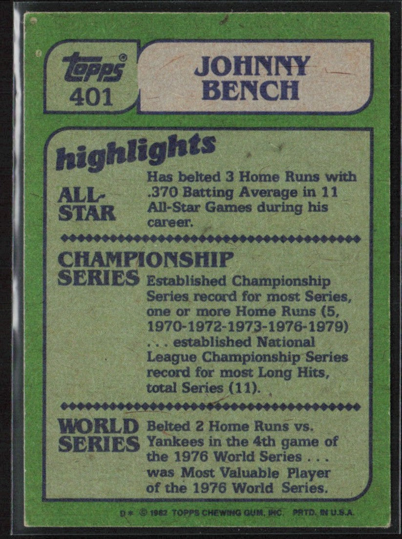 Johnny Bench 1982 Topps In Action #401 Cincinnati Reds