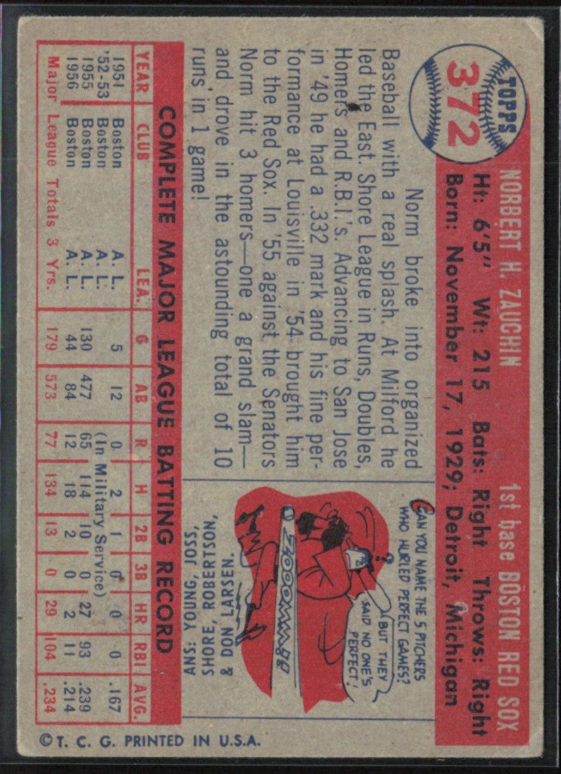 Norm Zauchin 1957 Topps #372 Boston Red Sox