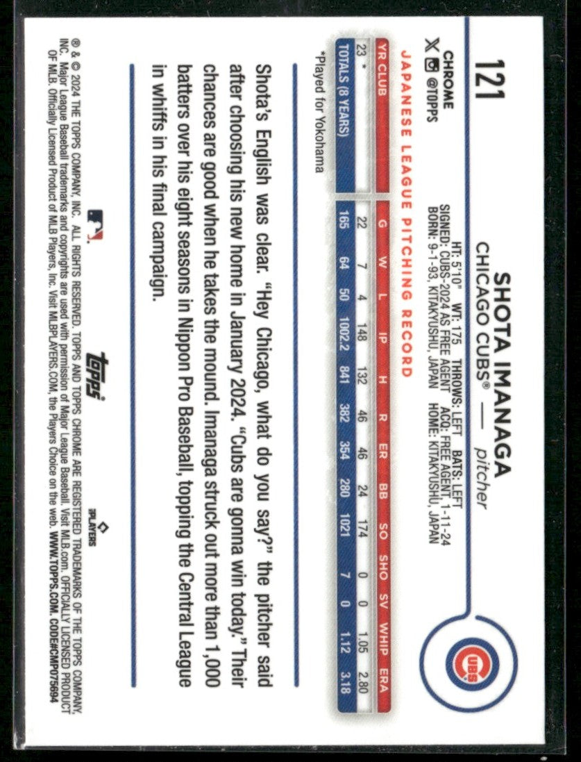 Shota Imanaga 2024 Topps Chrome RC #121 Chicago Cubs