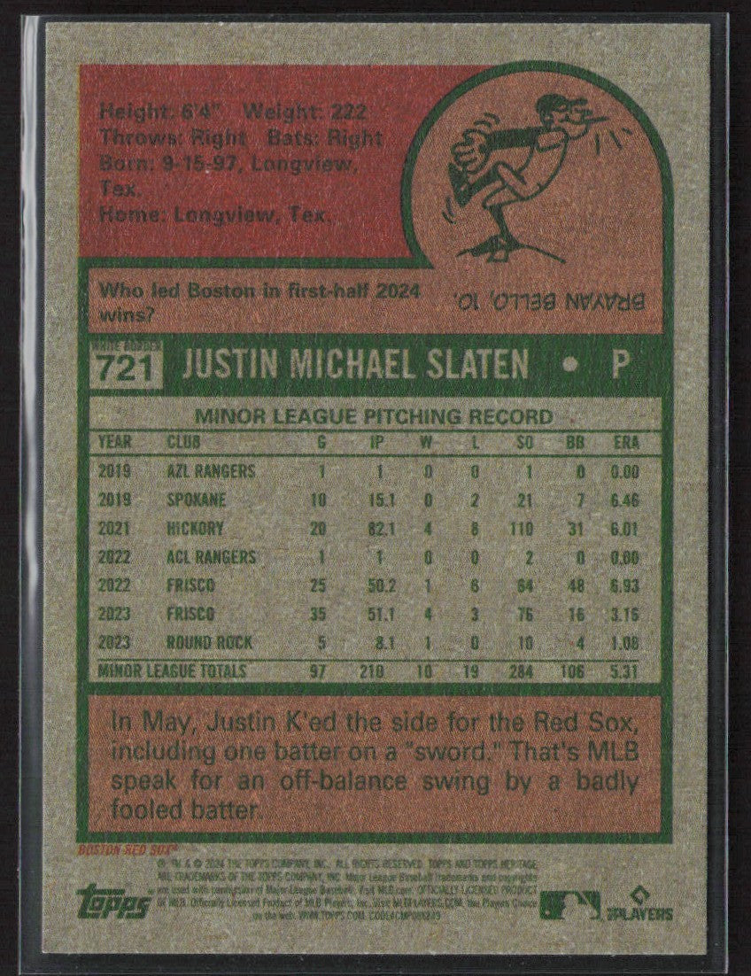 Justin Slaten 2024 Topps Heritage White Border RC #721 Boston Red Sox
