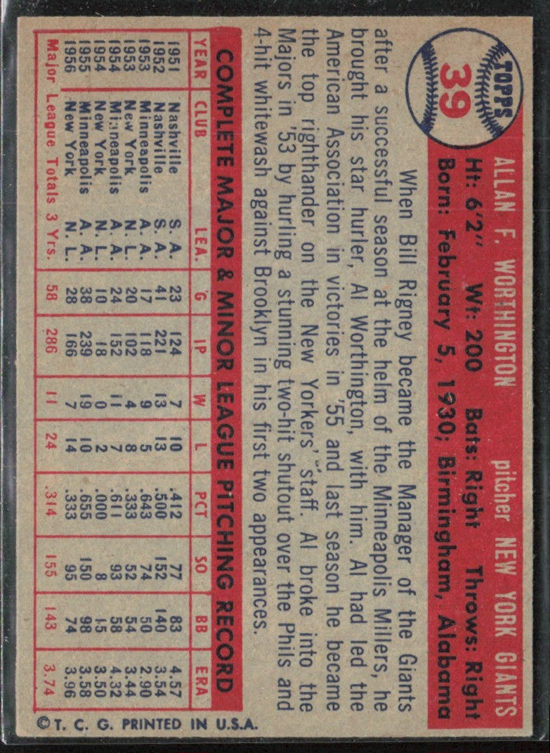 Al Worthington 1957 Topps #39 New York Giants