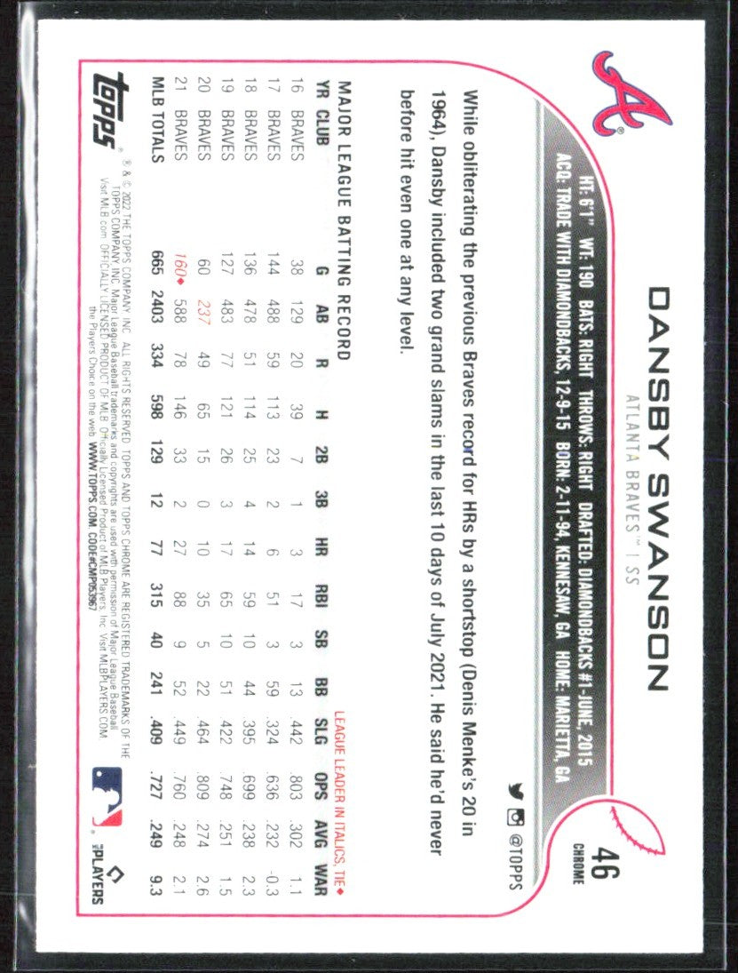 Dansby Swanson 2022 Topps Chrome Sepia Refractor #46 Atlanta Braves