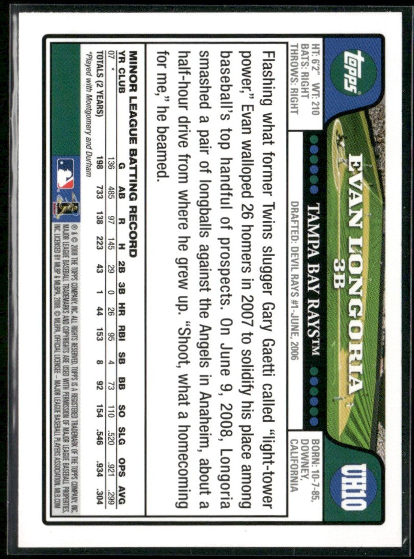 Evan Longoria 2008 Topps Updates & Highlights RC #UH10 Tampa Bay Rays