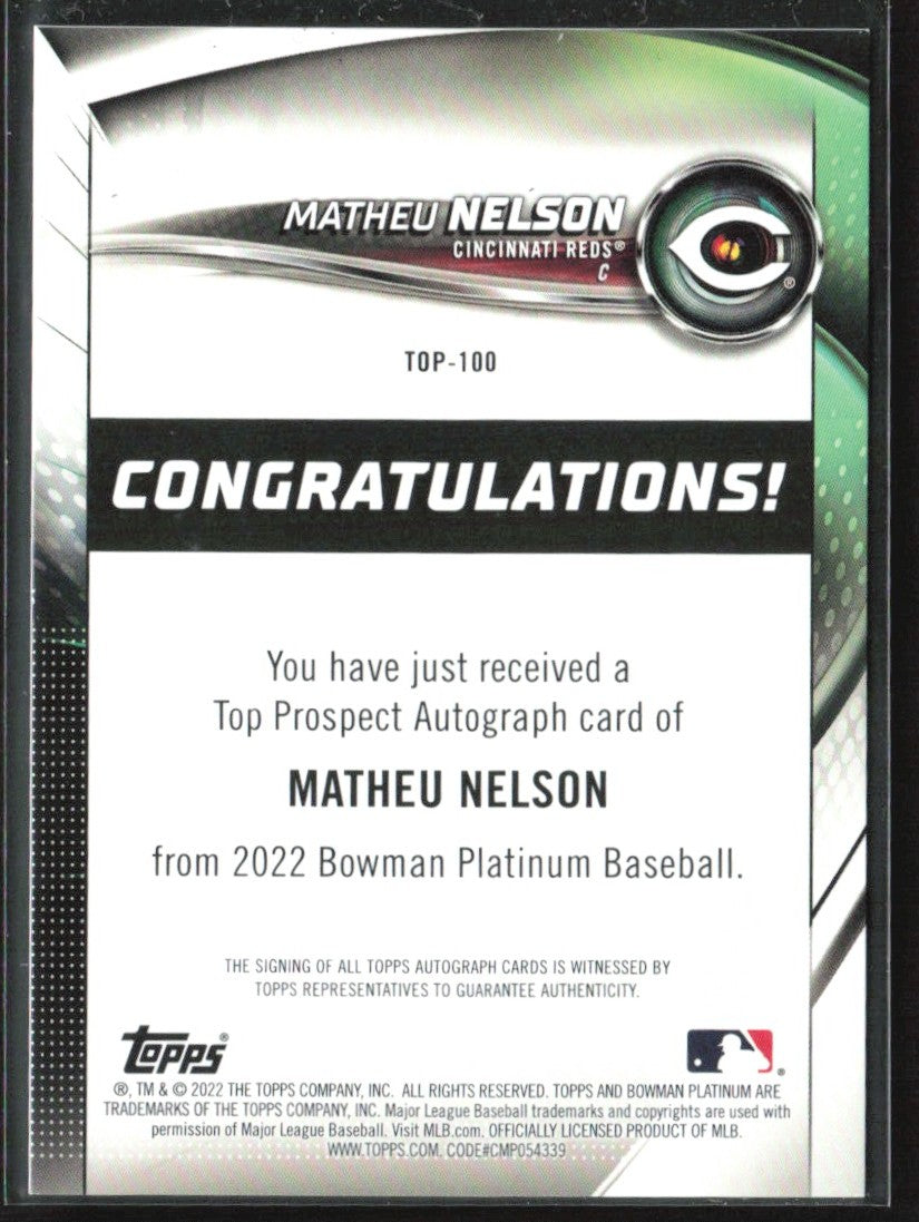 Matheu Nelson 2022 Bowman Platinum Top Prospects AUTO #TOP-100 Cincinnati Reds