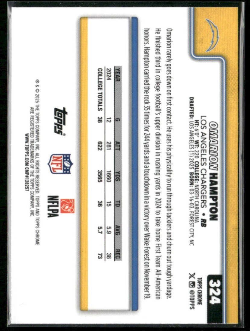 Omarion Hampton 2025 Topps Chrome Raywave Refractor RC #324 Los Angeles Chargers