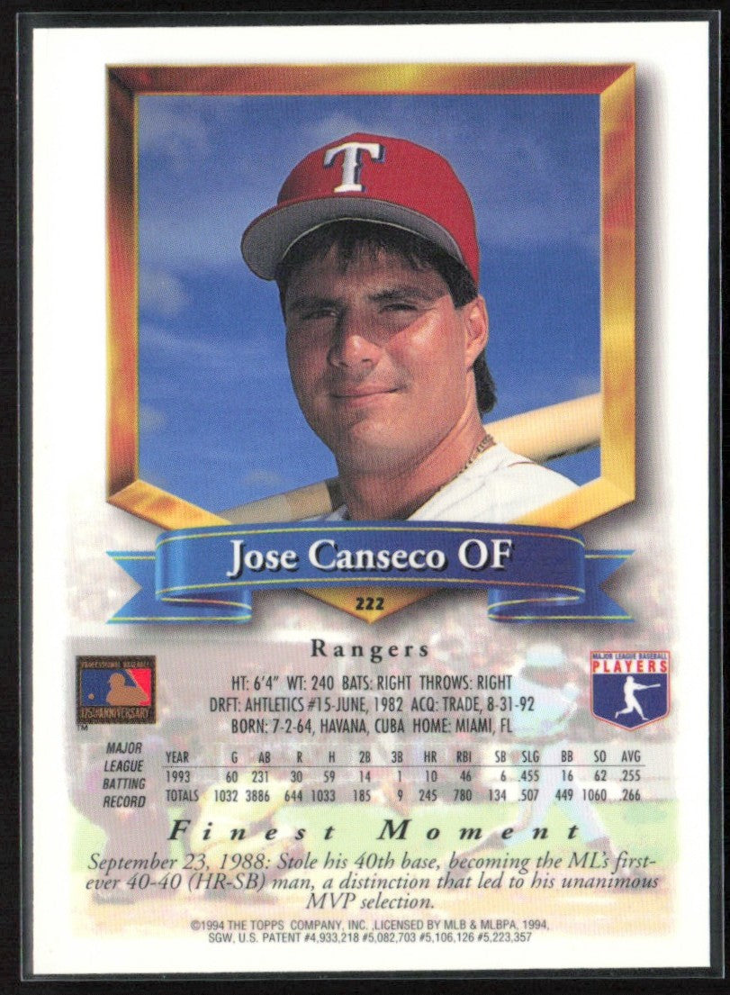 Jose Canseco 1994 Topps Finest #222 Texas Rangers