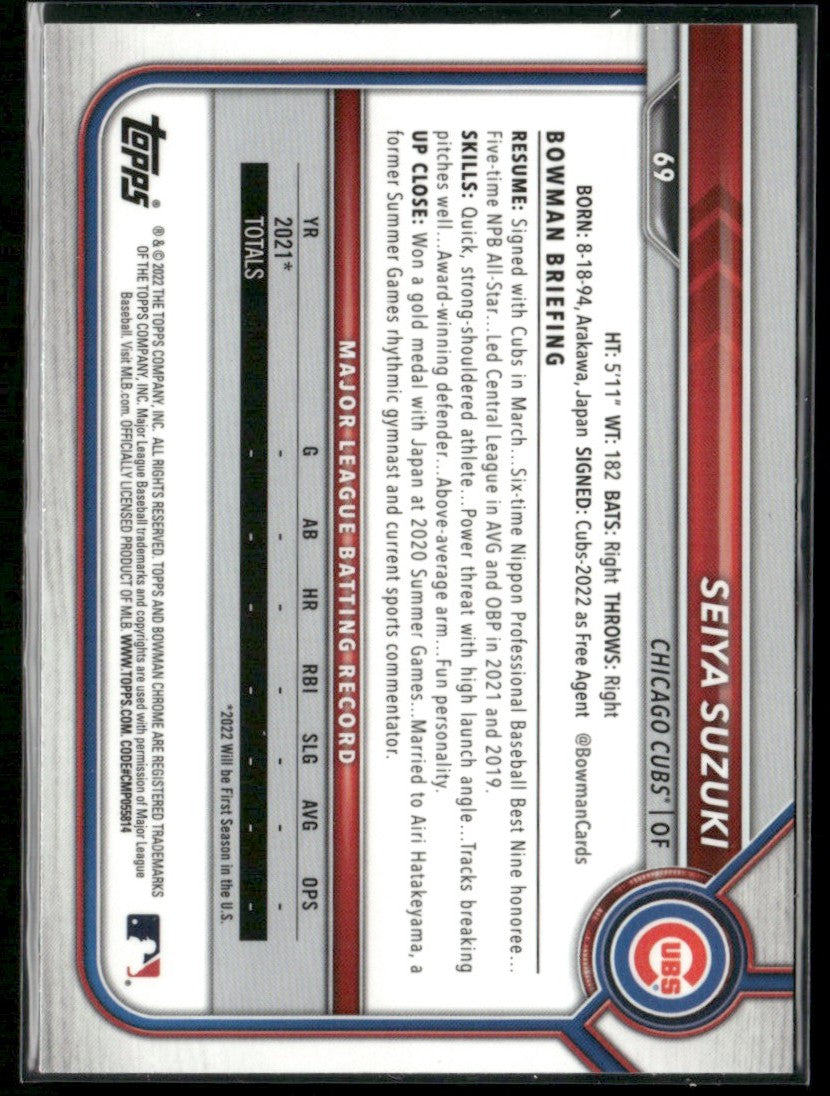 Seiya Suzuki 2022 Bowman Chrome RC #69 Chicago Cubs