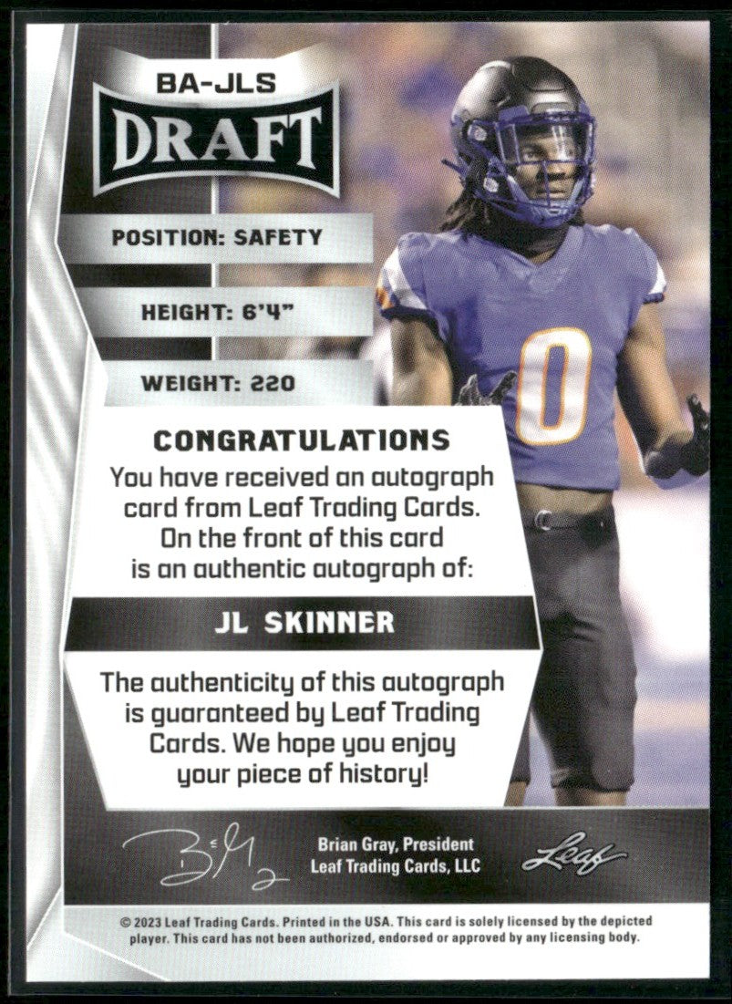 JL Skinner 2023 Leaf Draft RC AUTO #BA-JLS Boise State Broncos