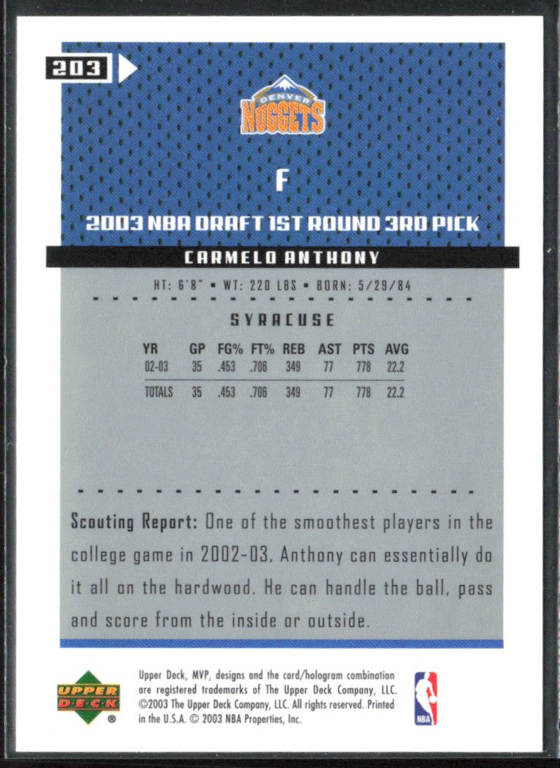 Carmelo Anthony 2003 Upper Deck MVP RC #203 Denver Nuggets