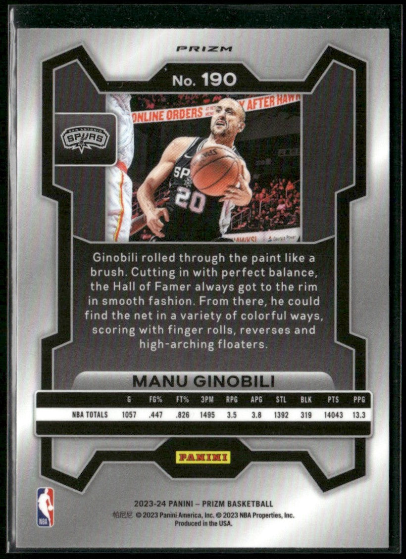 Manu Ginobili 2023 Panini Prizm Silver #190 San Antonio Spurs