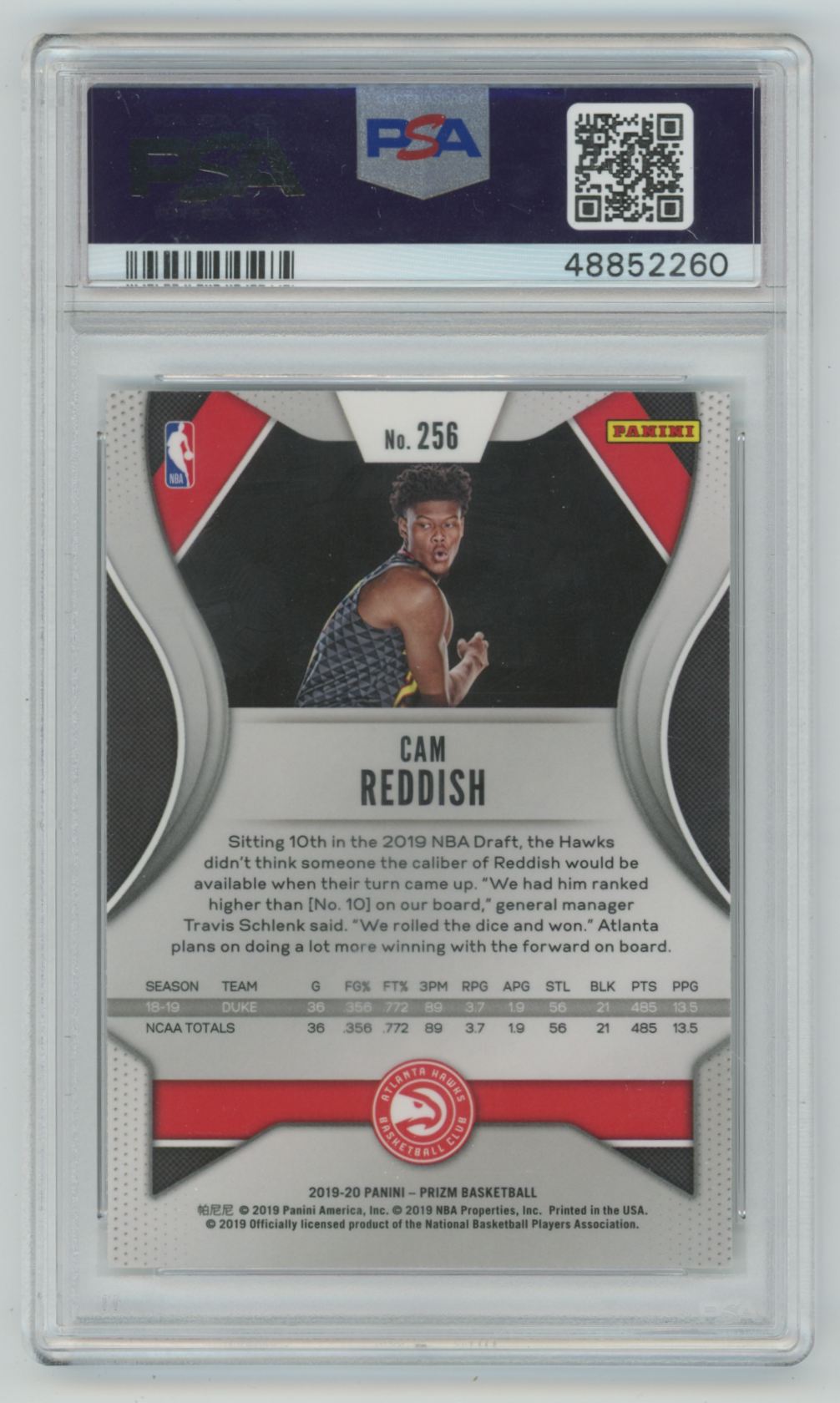 Cam Reddish 2019 Panini Prizm Ball Under Leg RC psa 10.0 #256 Atlanta Hawks