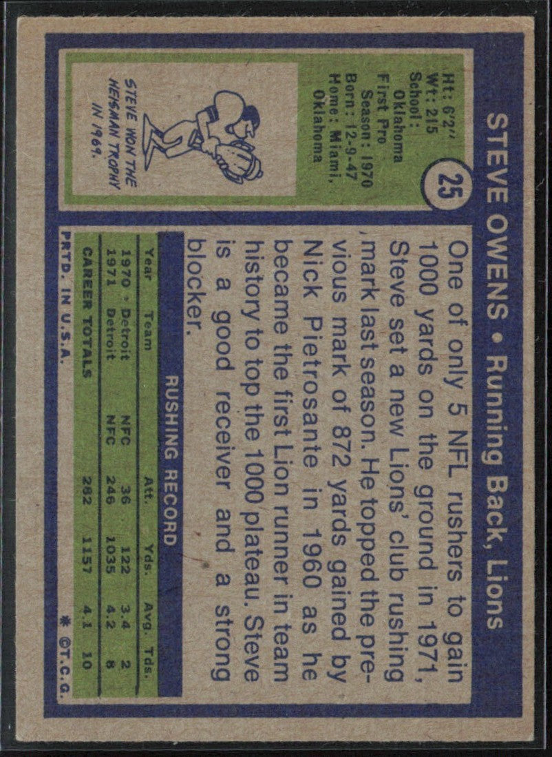 Steve Owens 1972 Topps RC #25 Detroit Lions