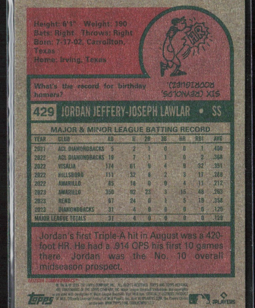 Jordan Lawlar 2024 Topps Heritage RC #429 Arizona Diamondbacks