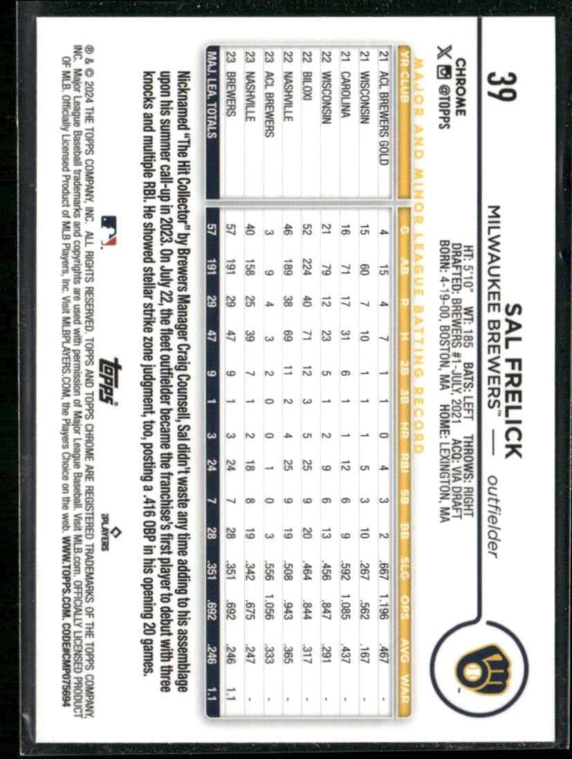Sal Frelick 2024 Topps Chrome RC #39 Milwaukee Brewers