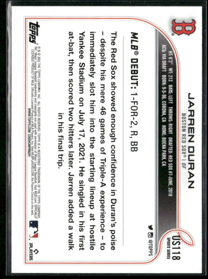 Jarren Duran 2022 Topps Update RC #US118 Boston Red Sox
