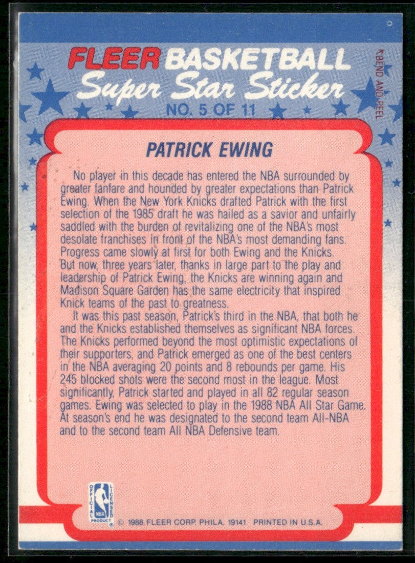 Patrick Ewing 1988 Fleer Stickers #5 New York Knicks