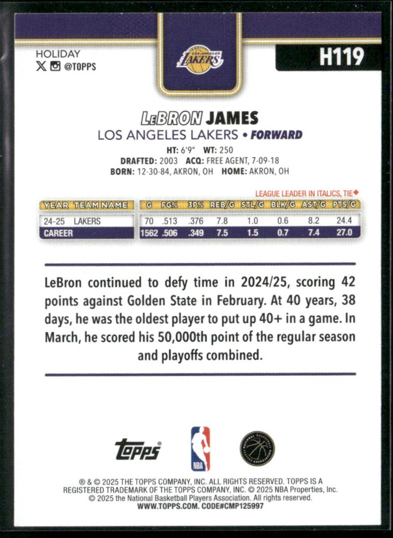 LeBron James 2025 Topps Holiday #H119 Los Angeles Lakers