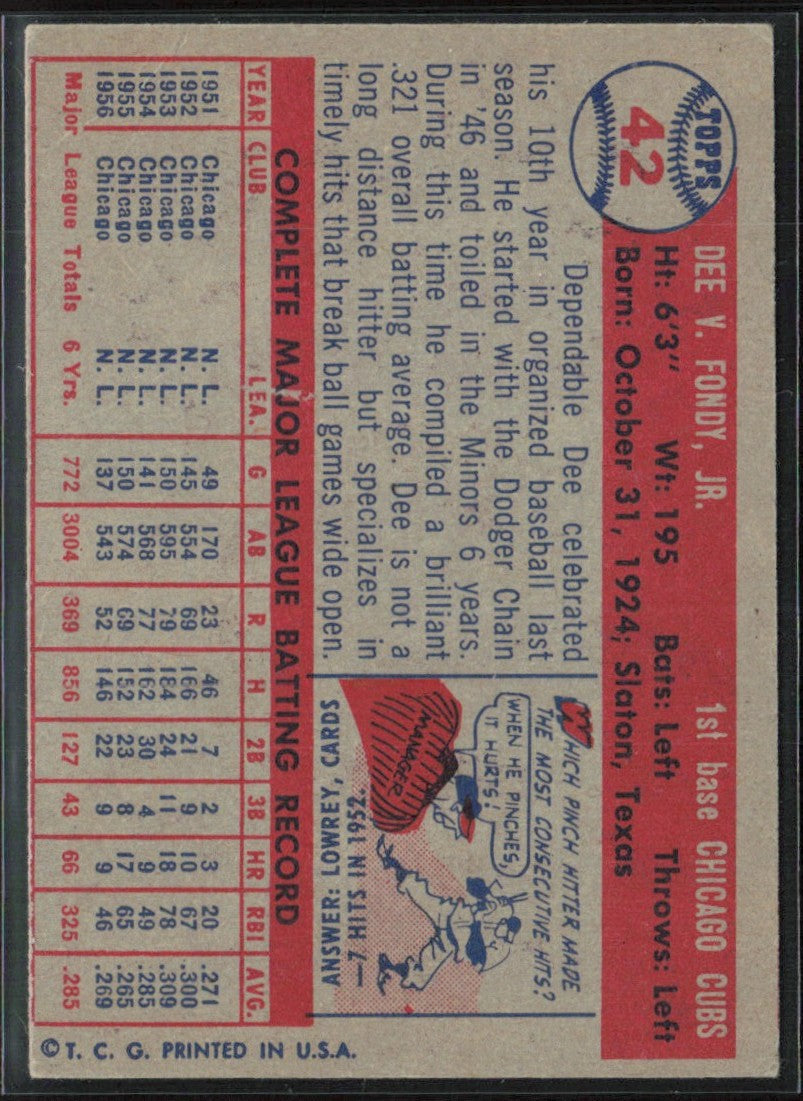 Dee Fondy 1957 Topps #42 Chicago Cubs
