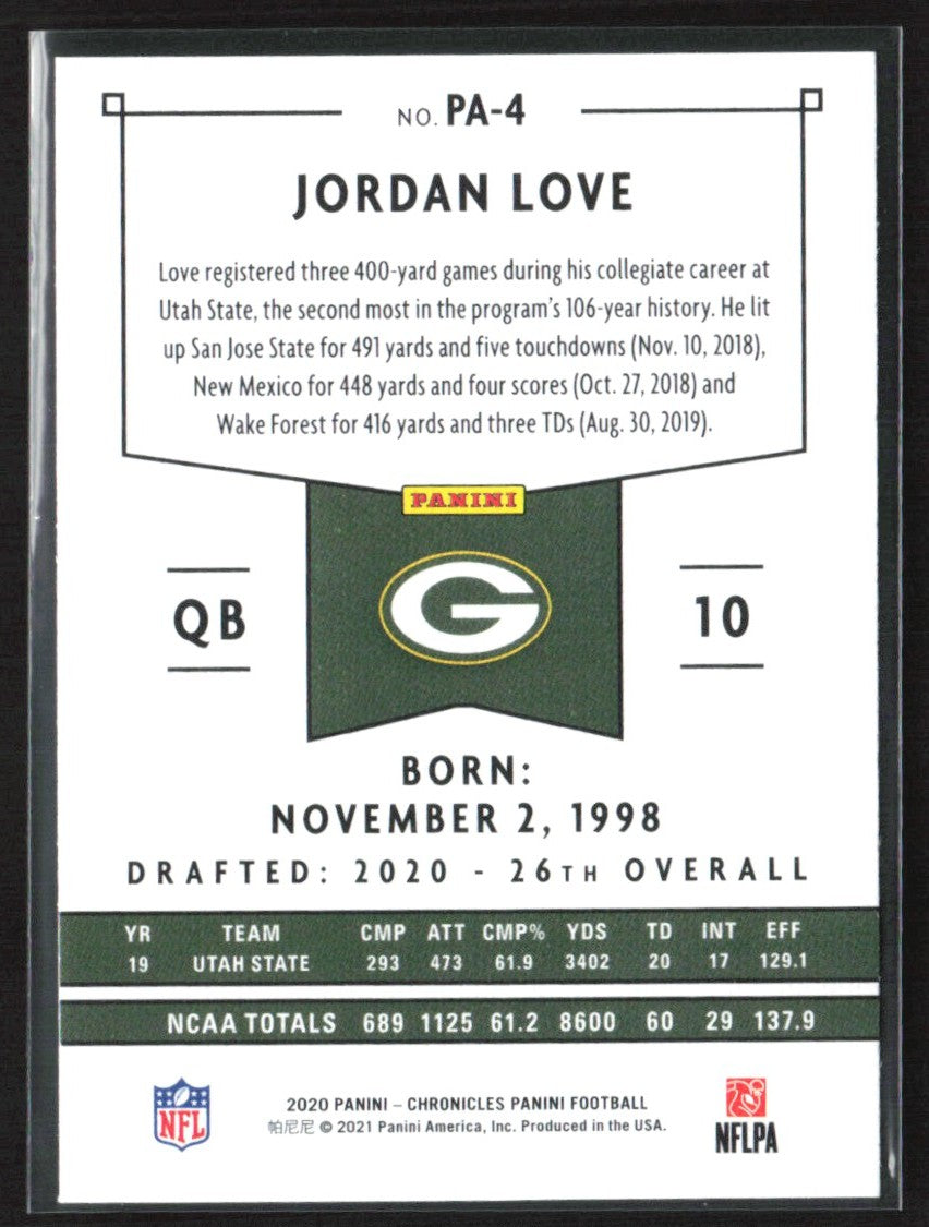 Jordan Love 2020 Panini Chronicles Green RC #PA-4 Green Bay Packers