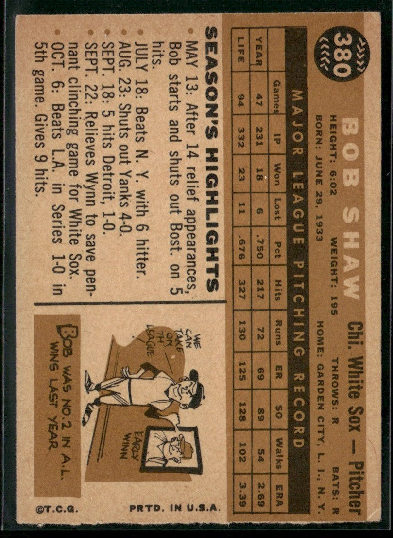 Bob Shaw 1960 Topps #380 Chicago White Sox