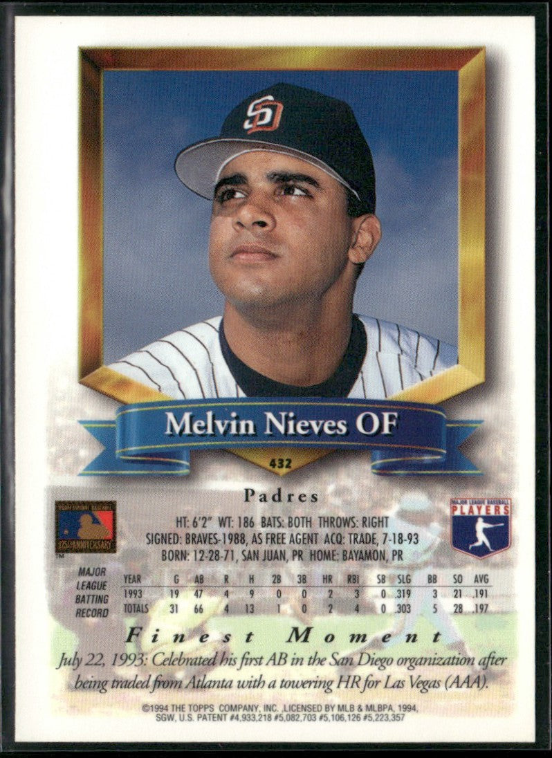 Melvin Nieves 1994 Topps Finest Refractor #432 San Diego Padres