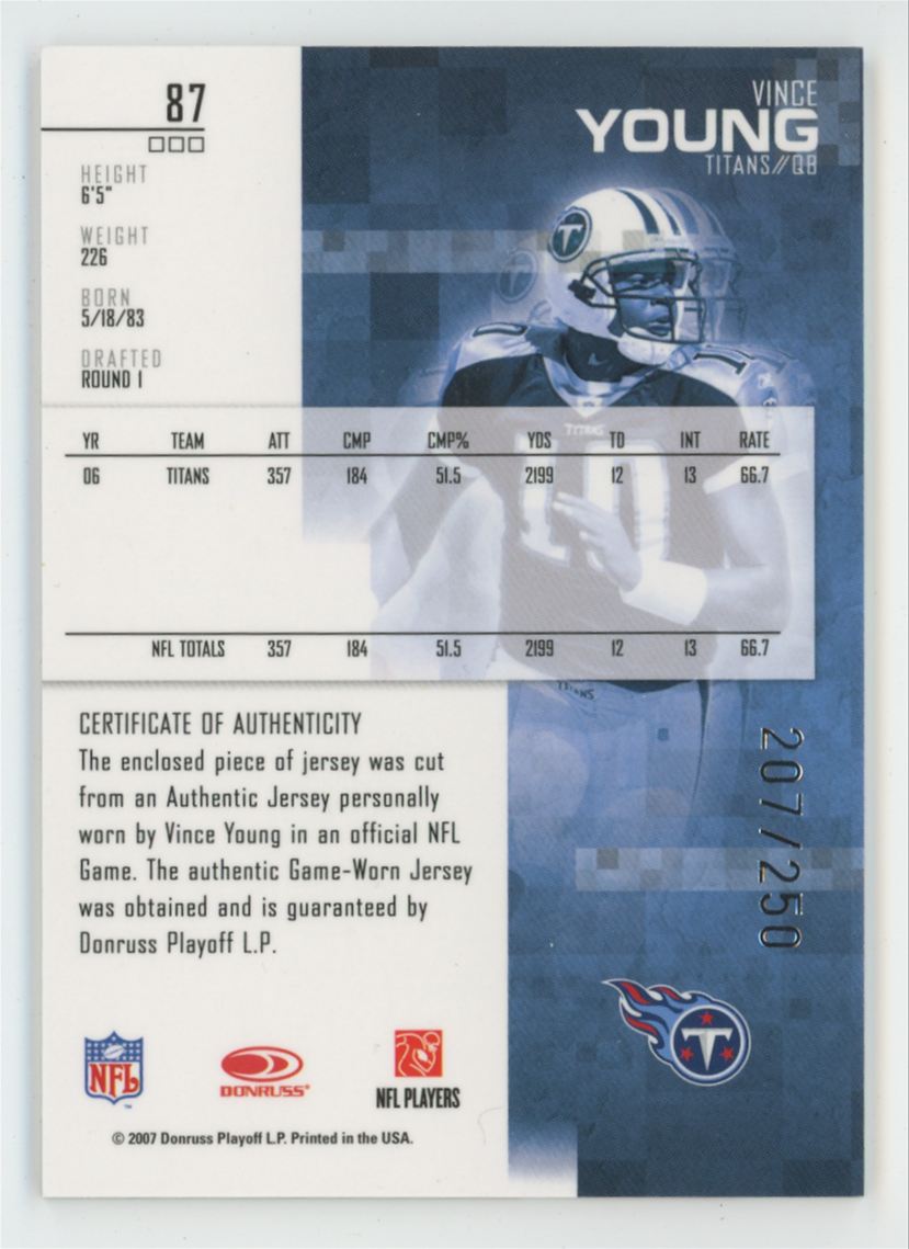 Vince Young 2007 Leaf Rookies & Stars Longevity Materials Ruby /250 Jersey #87