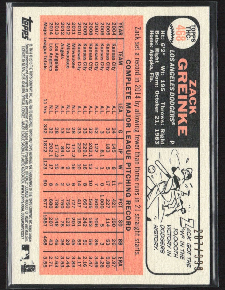Zack Greinke 2015 Topps Heritage Chrome /999 #THC-468 Los Angeles Dodgers