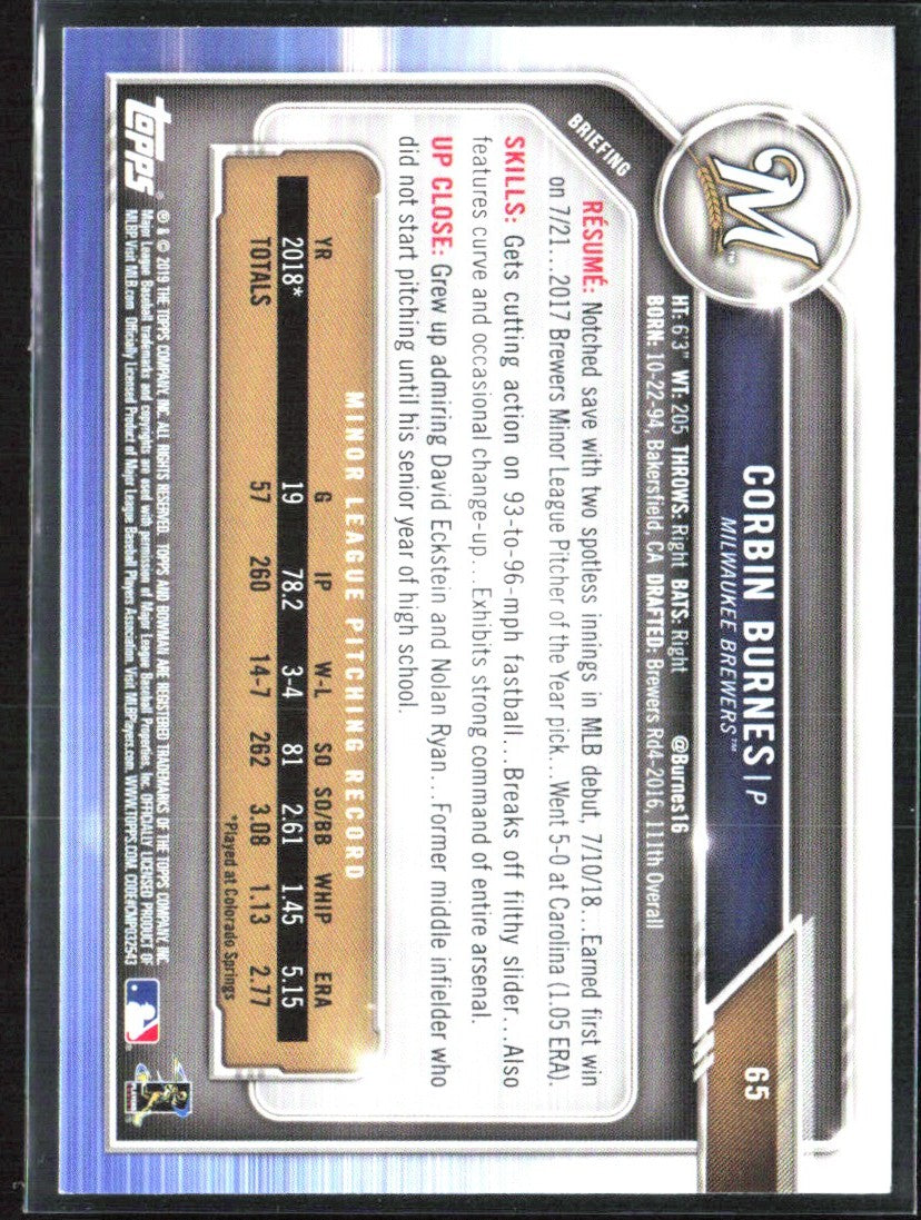 Corbin Burnes 2019 Bowman RC #65 Milwaukee Brewers