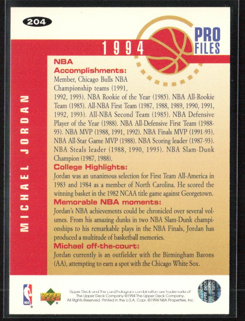 Michael Jordan 1994 Collector's Choice Pro Files #204 Chicago Bulls