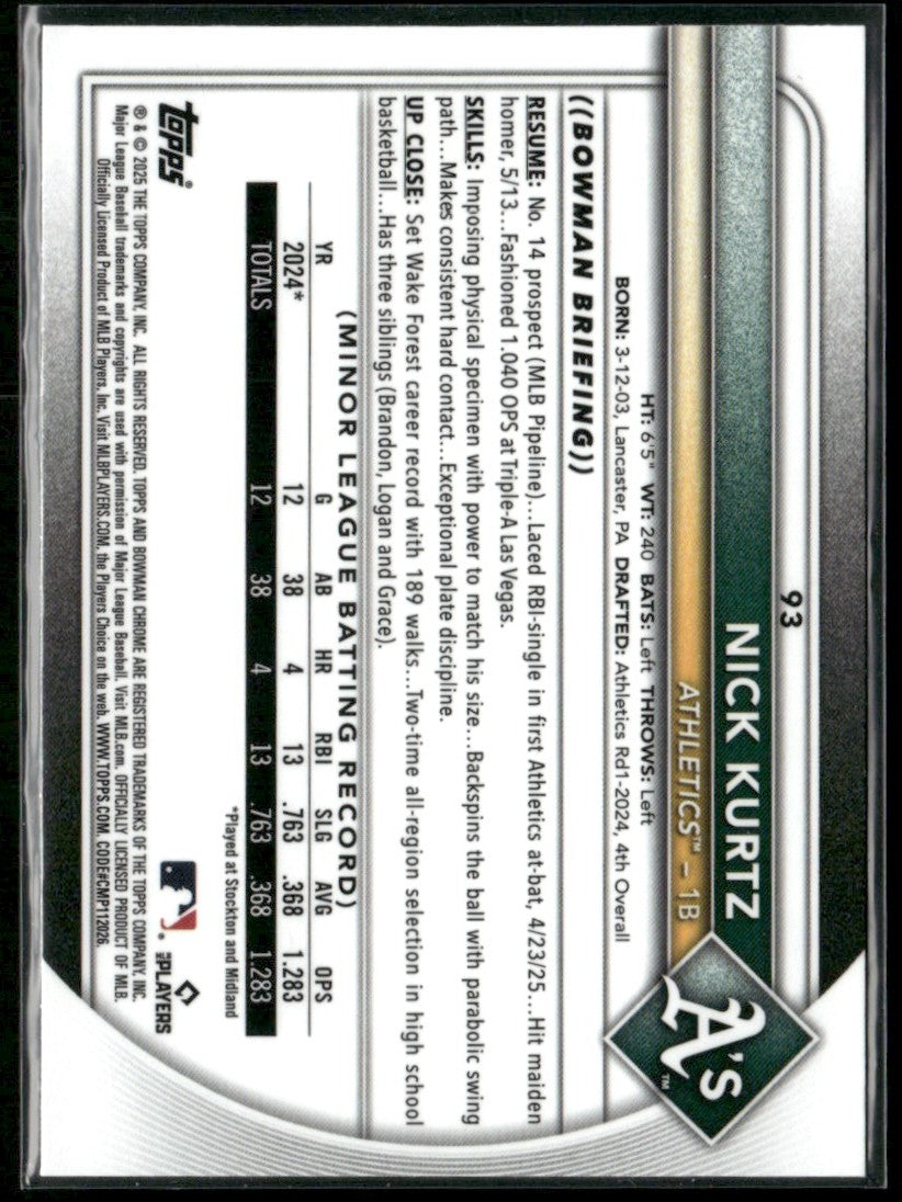 Nick Kurtz 2025 Bowman Chrome RC #93 Athletics