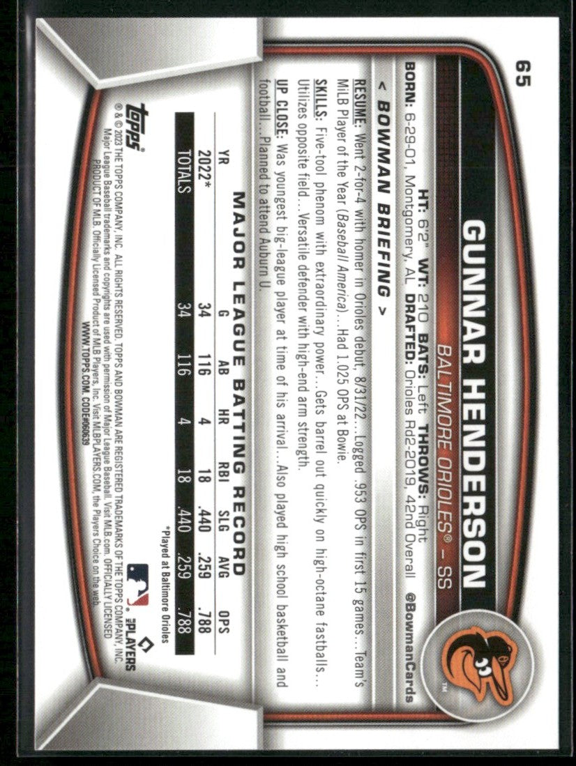Gunnar Henderson 2023 Bowman RC #65 Baltimore Orioles