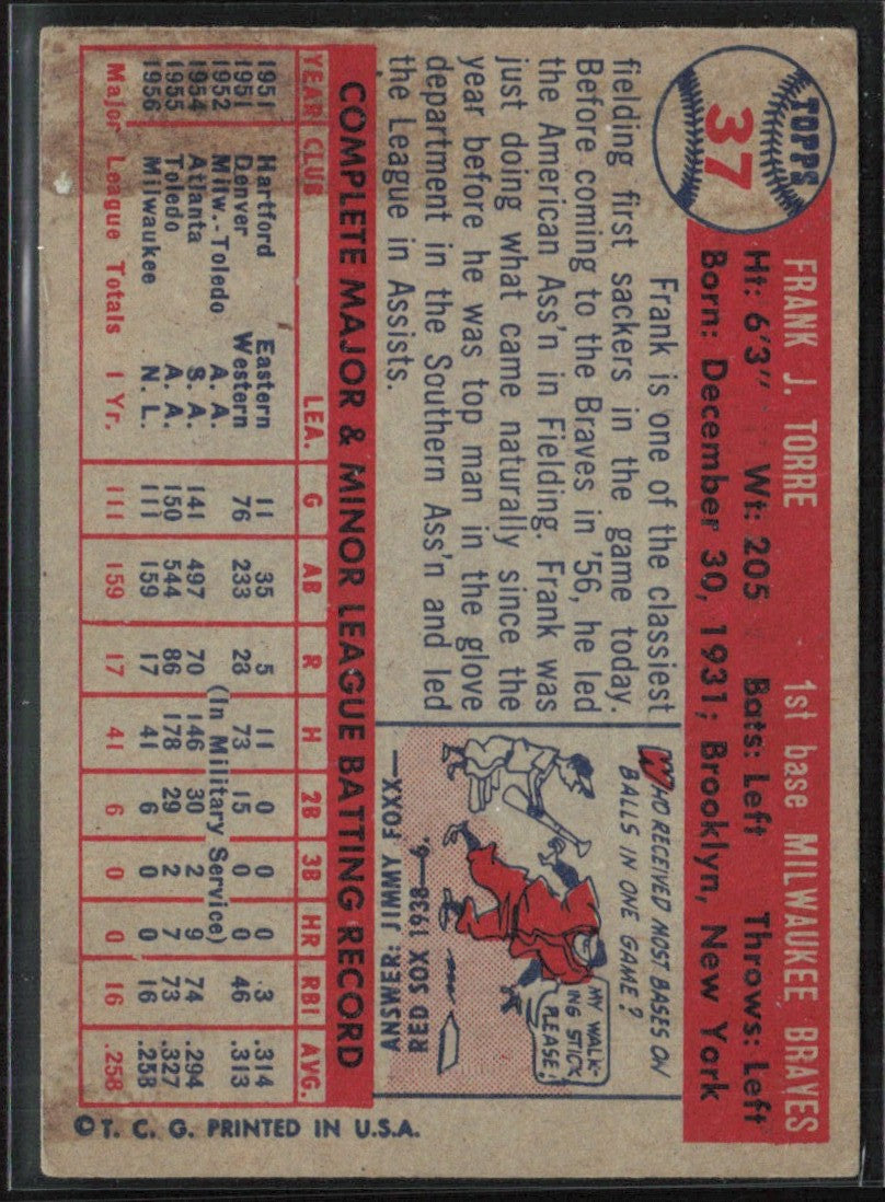 Frank Torre 1957 Topps #37 Milwaukee Braves