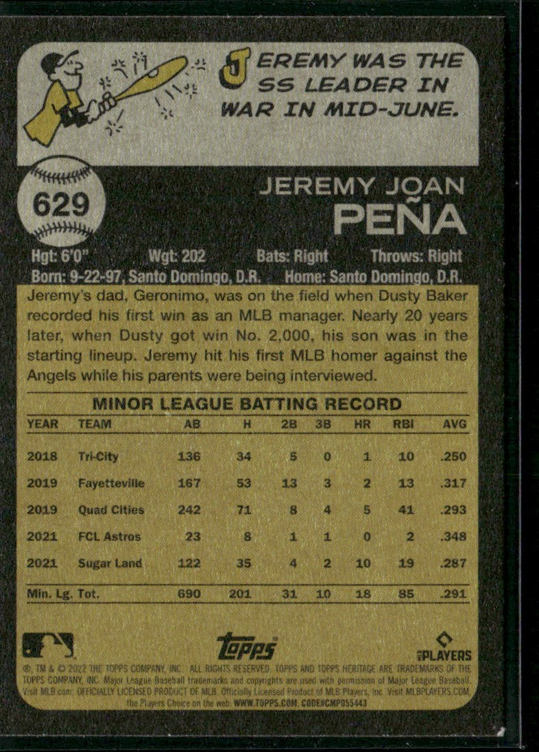 Jeremy Pena 2022 Topps Heritage High Number RC #629 Houston Astros