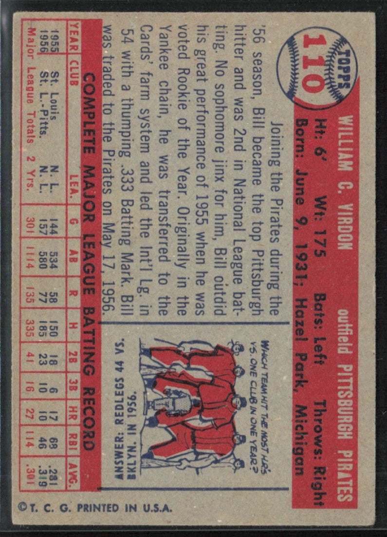 Bill Virdon 1957 Topps #110 Pittsburgh Pirates