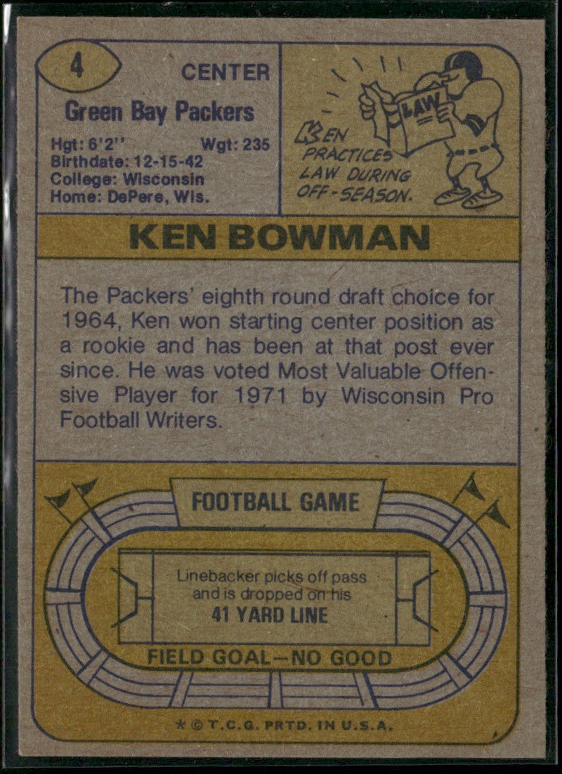 Ken Bowman 1974 Topps #4 Green Bay Packers
