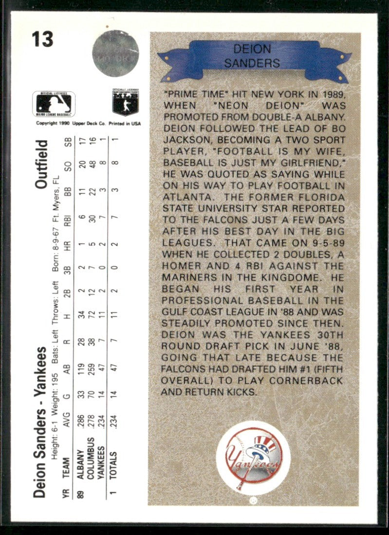 Deion Sanders 1990 Upper Deck RC #13 New York Yankees