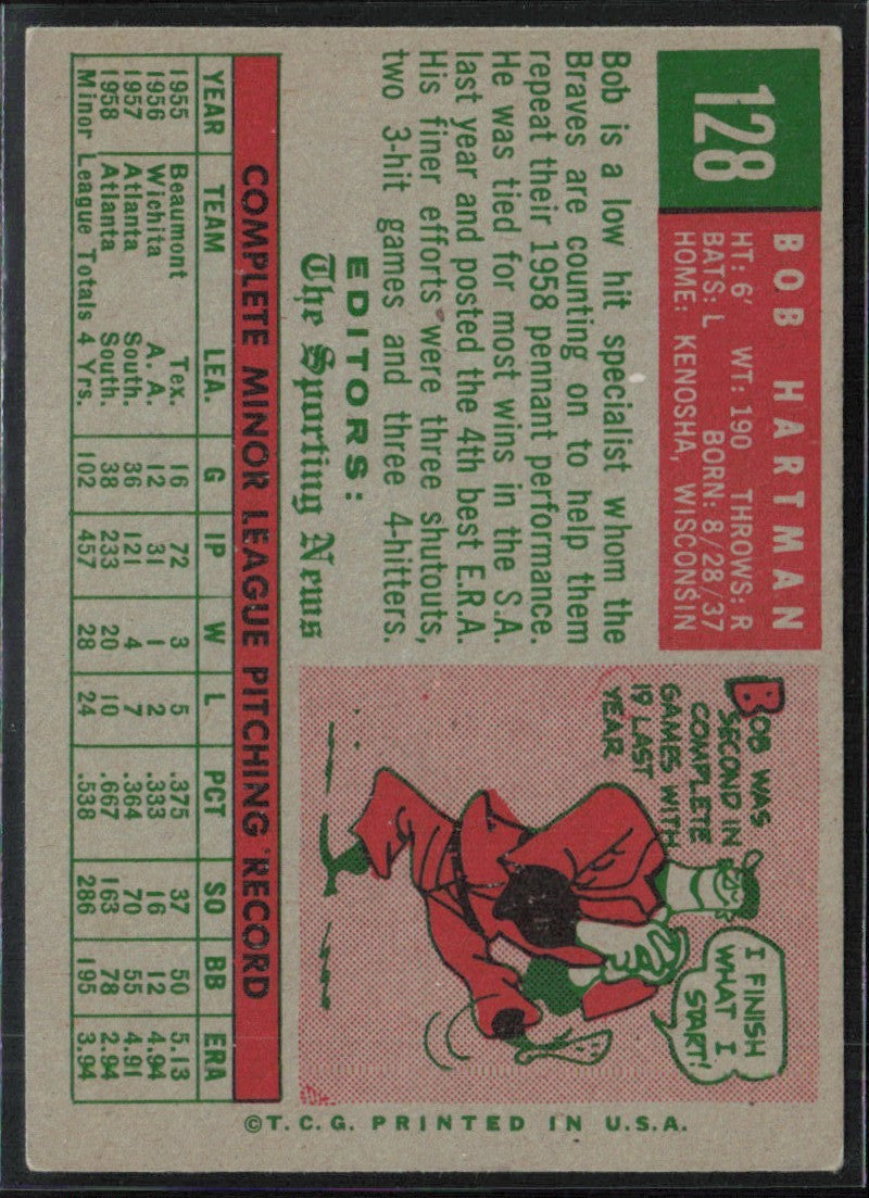 Bob Hartman 1959 Topps RC #128.0 Milwaukee Braves