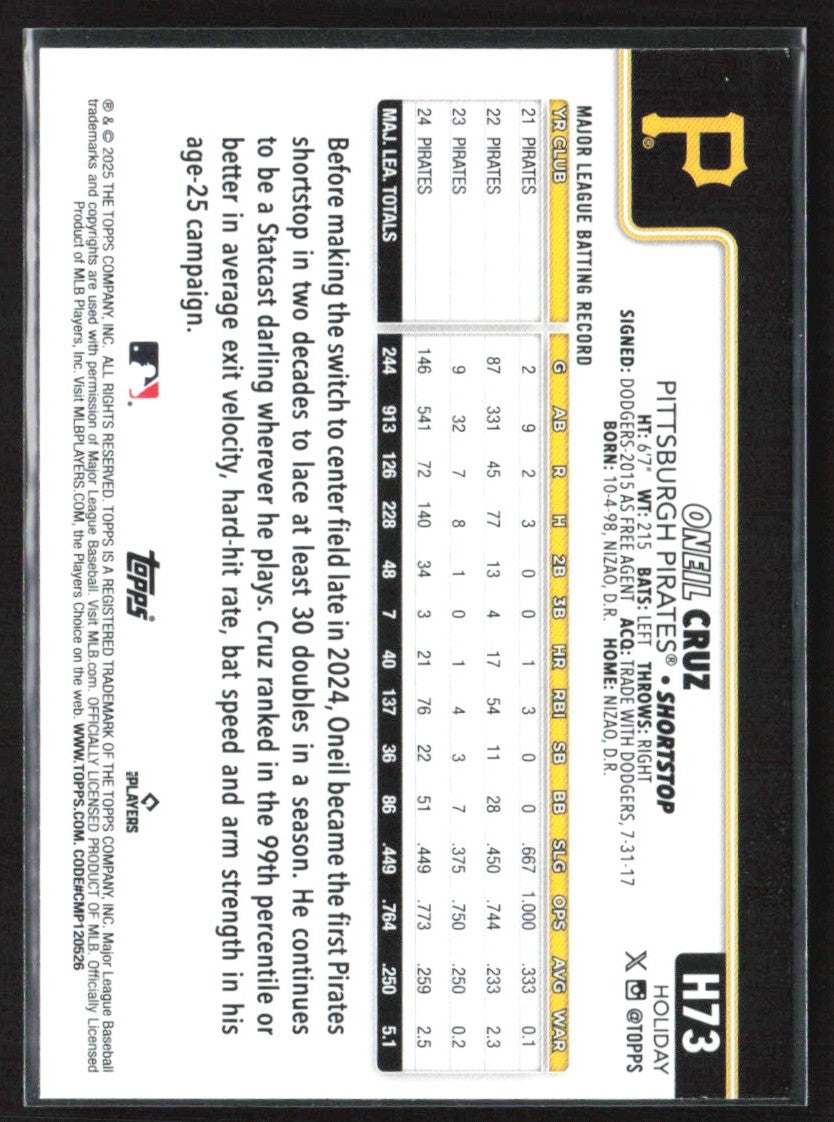 Oneil Cruz 2025 Topps Holiday Blue Metallic Glitter #H73 Pittsburgh Pirates