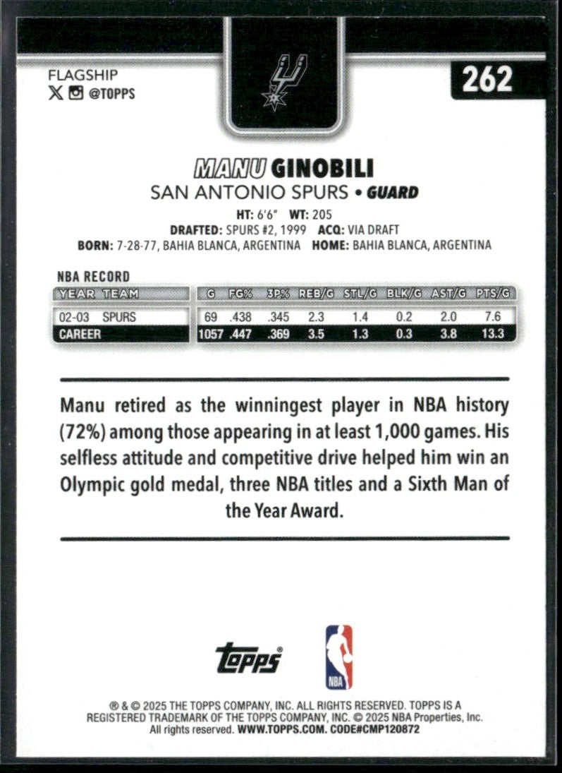 Manu Ginobili 2025 Topps Rainbow Foil #262 San Antonio Spurs